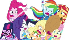 Size: 1920x1080 | Tagged: safe, artist:rarityvrymercollectiveoriginals, derpibooru import, edit, edited screencap, screencap, applejack, fluttershy, pinkie pie, rainbow dash, rarity, sci-twi, sunset shimmer, twilight sparkle, better together, equestria girls, rollercoaster of friendship, background removed, geode of empathy, geode of fauna, geode of shielding, geode of sugar bombs, geode of super speed, geode of super strength, geode of telekinesis, humane five, humane seven, humane six, magical geodes, not a vector, rarity peplum dress, simple background, transparent background