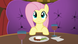 Size: 4999x2812 | Tagged: safe, artist:sollace, derpibooru exclusive, derpibooru import, fluttershy, pegasus, pony, viva las pegasus, alcohol, bronybait, cute, date, dinner, eating, hooves on the table, las pegasus, looking at you, offscreen character, pov, restaurant, show accurate, smiling, vector, wine