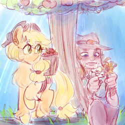 Size: 1000x1000 | Tagged: safe, artist:mimiporcellini, derpibooru import, applejack, earth pony, human, pony, apple, apple tree, colored sketch, crossover, crossover shipping, female, hol horse, holjack, interspecies, jojo's bizarre adventure, male, mare, shipping, straight, tree