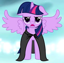 Size: 341x335 | Tagged: safe, artist:melonharmony, derpibooru import, twilight sparkle, twilight sparkle (alicorn), alicorn, pony, cloak, clothes, ears, female, floppy ears, frown, horn, mare, open mouth, spread wings, twilight sparkle is not amused, unamused, wings, youtube link