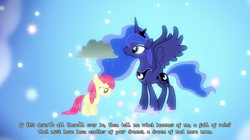 Size: 1440x808 | Tagged: safe, derpibooru import, edit, edited screencap, screencap, apple bloom, princess luna, alicorn, earth pony, pony, bloom and gloom, cloud, dream, dream realm, duo, female, filly, foal, genesis, lightning, mad man moon, mare, rain, raincloud, sad, song reference, spread wings, text edit, wet, wet mane, wings