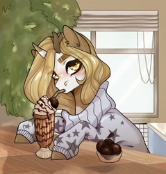 Size: 2068x2160 | Tagged: safe, artist:maslo<3, derpibooru import, pony, unicorn, background, chocolate, clothes, drinking, drinking straw, food, smoothie, sweater