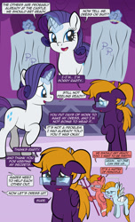 Size: 1920x3168 | Tagged: safe, artist:alexdti, derpibooru import, rarity, oc, oc:aqua lux, oc:purple creativity, oc:warm focus, pegasus, pony, unicorn, comic:quest for friendship, bandage, clothes, comic, dialogue, ears back, eyes closed, female, folded wings, glasses, glowing, glowing horn, high res, hoof hold, hooves, horn, looking at someone, looking down, magic, mare, narrowed eyes, open mouth, open smile, pegasus oc, raised hoof, raised leg, shoulder angel, shoulder devil, smiling, speech bubble, standing, telekinesis, wings