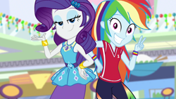 Size: 1920x1080 | Tagged: safe, artist:rarityvrymercollectiveoriginals, derpibooru import, edit, edited screencap, screencap, rainbow dash, rarity, better together, equestria girls, holidays unwrapped, 1920x1080, dashing through the mall, duo, duo female, eyeshadow, female, grin, hand on hip, lidded eyes, looking at you, makeup, photo, rarity peplum dress, smiling, smiling at you