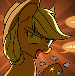 Size: 496x502 | Tagged: safe, artist:ladyanidraws, derpibooru import, edit, applejack, earth pony, pony, applejack's hat, clothes, cowboy hat, cropped, dialogue, female, hat, mare, speech bubble, text, unamused