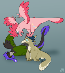 Size: 825x920 | Tagged: safe, artist:greenarsonist, derpibooru import, pinkie pie, dinosaur, velociraptor, crossover, hat, homestuck, lying down, nepeta leijon, sitting, smiling, species swap, spread wings, standing on head, the owl house, vee (the owl house), wings