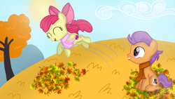 Size: 1280x720 | Tagged: safe, artist:mlplary6, derpibooru import, apple bloom, tender taps, earth pony, pony, autumn, clothes, colt, female, filly, foal, jumping, leaves, male, scarf, shipping, smiling, straight, tenderbloom, tree