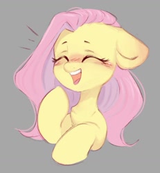 Size: 951x1031 | Tagged: safe, artist:melodylibris, derpibooru import, fluttershy, pegasus, pony, blushing, bust, cute, ears, emanata, eyes closed, female, floppy ears, gray background, laughing, mare, open mouth, open smile, shyabetes, simple background, smiling, solo