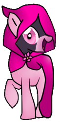 Size: 148x300 | Tagged: safe, artist:manglethemangledtoy, derpibooru import, edit, editor:pagiepoppie12345, pinkie pie, earth pony, pony, cloak, clothes, crossover, female, flower, mare, raised hoof, raised leg, simple background, smiling, transparent background