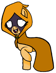 Size: 248x325 | Tagged: safe, artist:manglethemangledtoy, derpibooru import, edit, editor:pagiepoppie12345, applejack, earth pony, pony, bucktooth, burger, cloak, clothes, crossover, derp, female, food, hamburger, mare, raised hoof, raised leg, simple background, smiling, transparent background