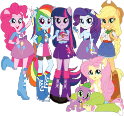 Size: 1213x1136 | Tagged: safe, artist:pascalmulokozi2, derpibooru import, edit, edited screencap, screencap, applejack, fluttershy, pinkie pie, rainbow dash, rarity, spike, twilight sparkle, dog, equestria girls, background removed, belt, book, boots, clothes, cowboy boots, cowboy hat, hat, high heel boots, humane five, humane six, looking at you, official, ponied up, shirt, shoes, simple background, skirt, socks, spike the dog, transparent background, vest