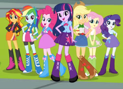 Size: 775x563 | Tagged: safe, derpibooru import, screencap, applejack, fluttershy, pinkie pie, rainbow dash, rarity, sunset shimmer, twilight sparkle, equestria girls, belt, boots, clothes, cowboy boots, cowboy hat, hat, high heel boots, humane five, humane seven, humane six, jacket, leather jacket, shirt, shoes, skirt, socks, vest