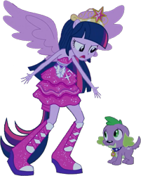 Size: 581x724 | Tagged: safe, artist:pascalmulokozi2, derpibooru import, edit, edited screencap, screencap, spike, twilight sparkle, twilight sparkle (alicorn), alicorn, dog, equestria girls, equestria girls (movie), background removed, big crown thingy, duo, element of magic, fall formal outfits, jewelry, ponied up, regalia, simple background, spike the dog, transparent background