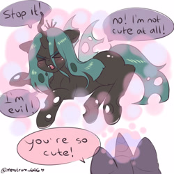 Size: 3000x3000 | Tagged: safe, artist:monstrum, derpibooru import, queen chrysalis, changeling, changeling queen, pony, unicorn, ><, angry, blushing, comic, cute, cutealis, evil, eyes closed, female, glowing, glowing horn, horn, i'm not cute, joke, levitation, madorable, magic, open mouth, tail, telekinesis, wings