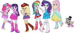 Size: 1581x712 | Tagged: safe, artist:pascalmulokozi2, derpibooru import, edit, edited screencap, screencap, applejack, fluttershy, pinkie pie, rainbow dash, rarity, spike, twilight sparkle, dog, equestria girls, background removed, fall formal outfits, hat, humane five, humane six, simple background, spike the dog, top hat, transparent background