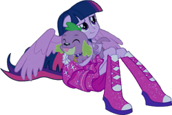 Size: 677x452 | Tagged: safe, artist:pascalmulokozi2, derpibooru import, edit, edited screencap, screencap, spike, twilight sparkle, twilight sparkle (alicorn), alicorn, equestria girls, equestria girls (movie), background removed, duo, fall formal outfits, hug, ponied up, simple background, transparent background