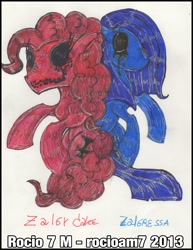 Size: 2076x2696 | Tagged: safe, artist:rocioam7, derpibooru import, pinkie pie, earth pony, pony, creepy, creepypasta, equinox ponies, female, holes, mare, pencil drawing, pinkamena diane pie, text, traditional art, zalgo, zalgo pie, zalgressa, zalgy cake