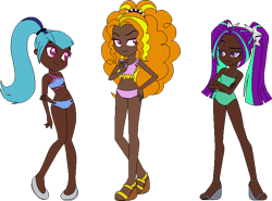 Size: 765x565 | Tagged: safe, artist:icicle-wicicle-1517, artist:yeetmedownthestairs, color edit, derpibooru import, edit, adagio dazzle, aria blaze, sonata dusk, collaboration, equestria girls, belly button, bikini, clothes, colored, dark skin, female, flats, human coloration, midriff, raised eyebrow, sandals, shoes, simple background, summer, swimsuit, the dazzlings, transparent background, trio