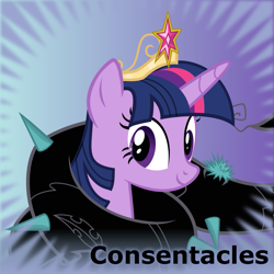 Size: 787x787 | Tagged: safe, artist:saby, derpibooru exclusive, derpibooru import, twilight sparkle, twilight sparkle (alicorn), alicorn, pony, princess twilight sparkle (episode), .svg available, big crown thingy, consentacles, derpibooru, element of magic, female, jewelry, looking at you, meta, regalia, restrained, smiling, solo, spoilered image joke, svg, tentacles, thorn, vector