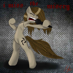 Size: 1024x1024 | Tagged: safe, artist:missredmoon1, earth pony, pony, bipedal, female, halestorm, i miss the misery, jewelry, lzzy hale, mare, metal as fuck, microphone, necklace, open mouth, ponified, singing, solo, song reference, teeth, title card