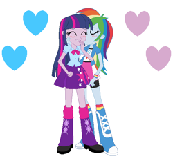 Size: 639x612 | Tagged: safe, artist:leahrow, artist:selenaede, derpibooru import, rainbow dash, twilight sparkle, equestria girls, blushing, eyes closed, female, heart, kiss on the cheek, kissing, lesbian, shipping, simple background, twidash, white background