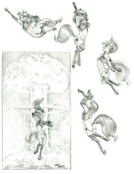 Size: 1050x1364 | Tagged: safe, artist:baron engel, derpibooru import, apple bloom, earth pony, pony, semi-anthro, butt, female, filly, foal, monochrome, mushroom cloud, pencil drawing, plot, traditional art