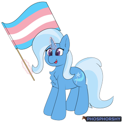 Size: 3000x3000 | Tagged: safe, artist:phosphorshy, derpibooru import, trixie, pony, unicorn, chest fluff, ear fluff, ears, female, flag, high res, magic, mare, mouthpiece, open mouth, open smile, pride, pride flag, signature, simple background, smiling, solo, trans trixie, transgender, transgender pride flag, transparent background