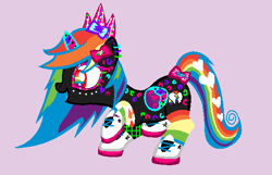 Size: 588x379 | Tagged: safe, artist:nopieforyouok, derpibooru import, oc, oc only, oc:princess dj neon flutter starsparkle spectrum dash, alicorn, pony, bow, canon x oc, clothes, crown, female, hair bow, heart, heartbreak, horn, jewelry, joke oc, mare, multicolored hair, parent:princess luna, rainbow hair, raised hoof, raised leg, regalia, shoes, smiling, wings