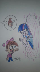 Size: 670x1192 | Tagged: safe, artist:xxyazzychanartsxx, derpibooru import, twilight sparkle, human, equestria girls, clothes, crossover, hat, jimmy neutron, looking at each other, looking at someone, pants, pencil drawing, portal, question mark, shirt, signature, smiling, sparkles, tara strong, the fairly oddparents, timmy turner, traditional art, voice actor joke, waving