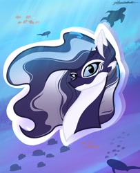 Size: 2876x3539 | Tagged: safe, artist:slightningdash, derpibooru import, oc, oc only, fish, merpony, turtle, blue eyes, bust, commission, crepuscular rays, female, flowing mane, mare, ocean, portrait, signature, solo, sunlight, underwater, water