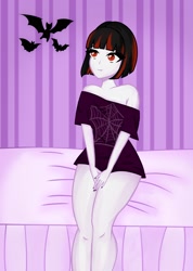 Size: 1566x2199 | Tagged: safe, artist:mimimari, derpibooru import, oc, oc:raven moon, bat, human, undead, vampire, equestria girls, bed, clothes, cute, goth, goth girl, looking up, on bed, red and black hair, red eyes, shirt, sitting, sitting on bed, spider web, t-shirt