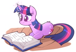 Size: 1992x1356 | Tagged: safe, artist:aceslingerexo, derpibooru import, twilight sparkle, pony, unicorn, book, female, lying, magic, mare, ponyloaf, prone, sitting, solo