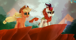 Size: 2856x1507 | Tagged: safe, artist:brainiac, derpibooru import, applejack, autumn blaze, earth pony, kirin, pony, sounds of silence, digital art, digital painting, female, mare, scene interpretation, tiktok, timelapse