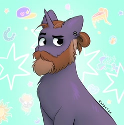 Size: 2042x2048 | Tagged: safe, artist:katputze, derpibooru import, oc, oc only, pony, unicorn, beard, ear piercing, facial hair, looking offscreen, male, piercing, raised eyebrow, solo, stallion