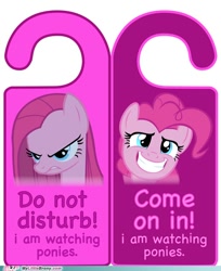 Size: 500x614 | Tagged: safe, derpibooru import, pinkie pie, earth pony, pony, angry, artifact, do not disturb, door knob hanger, female, frown, happy, my little brony, pinkamena diane pie, show accurate, smiling, text, watermark