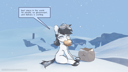 Size: 1920x1080 | Tagged: safe, artist:icychamber, derpibooru import, oc, oc only, pony, 666, burger, cute, eating, food, hamburger, happy, mountain, snow, snowfall, solo