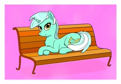 Size: 1280x896 | Tagged: safe, artist:kpapwiss, derpibooru import, lyra heartstrings, pony, unicorn, bench, cutie mark, female, looking at you, lying down, mare, prone, simple background, smiling, smiling at you, solo