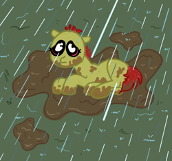 Size: 640x600 | Tagged: safe, artist:thunderpibb, derpibooru import, apple bloom, earth pony, alternate hairstyle, crying, grass, little ponies love to play in the mud, missing accessory, mud, muddy, muddy hooves, rain, sad, story included, wat