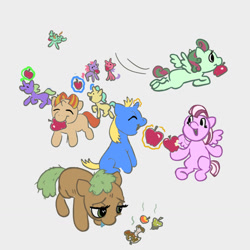 Size: 1280x1280 | Tagged: safe, derpibooru import, earth pony, pegasus, unicorn, apple, apple core, cafeteria, colt, female, filly, flying, foal, food, group, magic, male, rotten apple, sad, stink lines, telekinesis