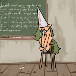 Size: 640x640 | Tagged: safe, artist:thunderpibb, derpibooru import, oc, earth pony, pony, chalk, chalkboard, crying, dunce hat, hat, pony shaming, sad, sitting, solo, stool, wooden floor