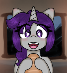 Size: 1327x1451 | Tagged: safe, artist:seylan, derpibooru import, oc, oc only, oc:rispi, pony, unicorn, bread, digital art, eye clipping through hair, female, food, mare, solo