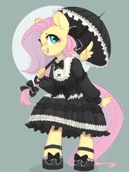 Size: 813x1079 | Tagged: safe, artist:melodylibris, derpibooru import, fluttershy, anthro, pegasus, unguligrade anthro, blushing, clothes, cute, dress, female, floating wings, gothic lolita, mare, open mouth, open smile, shoes, shyabetes, smiling, solo, umbrella, wings