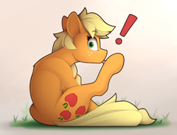 Size: 2110x1600 | Tagged: safe, artist:yakovlev-vad, derpibooru import, applejack, earth pony, pony, behaving like a cat, exclamation point, female, grooming, licking, looking at you, looking back, looking back at you, mare, sitting, solo, surprised, tongue, tongue out, wide eyes