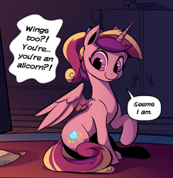 Size: 1436x1476 | Tagged: safe, artist:kaleido-art, artist:lummh, derpibooru import, princess cadance, alicorn, pony, comic:the princess of love, cute, cutedance, dialogue, female, looking at you, offscreen character, sitting, smiling, solo, spread wings, teen princess cadance, teenager, wings