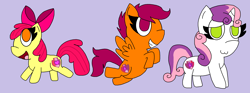 Size: 2456x910 | Tagged: safe, artist:andreajaywonder2005, derpibooru import, apple bloom, scootaloo, sweetie belle, earth pony, pegasus, pony, unicorn, bow, cutie mark, cutie mark crusaders, female, filly, foal, hair bow, horn, purple background, simple background, smiling, spread wings, the cmc's cutie marks, wings