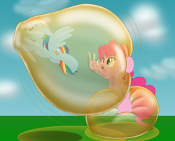 Size: 2218x1783 | Tagged: safe, artist:bladedragoon7575, derpibooru import, pinkie pie, rainbow dash, earth pony, pegasus, pony, blowing bubbles, bubble, cloud, encasement, eyes closed, flying, in bubble, pinkie being pinkie, simple background, sitting, spread wings, squishy, trapped, wavy mouth, wings