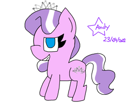 Size: 1086x918 | Tagged: safe, artist:andreajaywonder2005, derpibooru import, diamond tiara, earth pony, pony, female, filly, foal, jewelry, simple background, smiling, solo, stars, text, tiara, white background