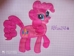 Size: 3264x2448 | Tagged: safe, artist:andreajaywonder2005, derpibooru import, pinkie pie, earth pony, pony, female, graph paper, mare, pencil drawing, raised hoof, raised leg, smiling, solo, stars, text, traditional art