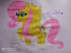 Size: 3264x2448 | Tagged: safe, artist:andreajaywonder2005, derpibooru import, fluttershy, pegasus, pony, female, flying, graph paper, mare, pencil drawing, smiling, solo, spread wings, stars, text, traditional art, wings