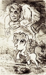 Size: 892x1460 | Tagged: safe, artist:jowyb, derpibooru import, earth pony, human, pony, 2011, monochrome, old art